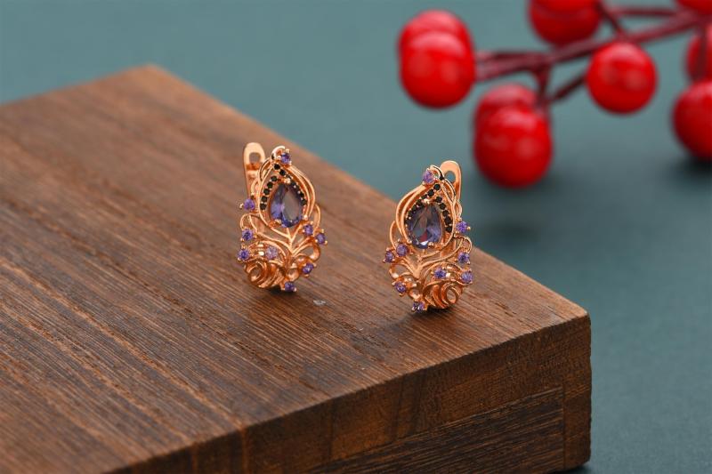 Purple Zircon Women Feather 585 Rose Earrings