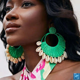 Hand-woven Raffia Shell Earrings, Green Geometric Dangle Earrings