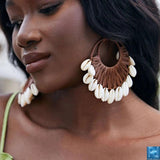 Hand-woven Raffia Shell Earrings, Green Geometric Dangle Earrings