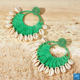 Hand-woven Raffia Shell Earrings, Green Geometric Dangle Earrings