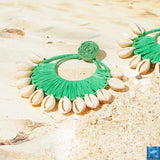 Hand-woven Raffia Shell Earrings, Green Geometric Dangle Earrings