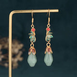 Hetian Jade Earrings Brass Gold-Plated Tassel Drop Retro Ear Jewelry