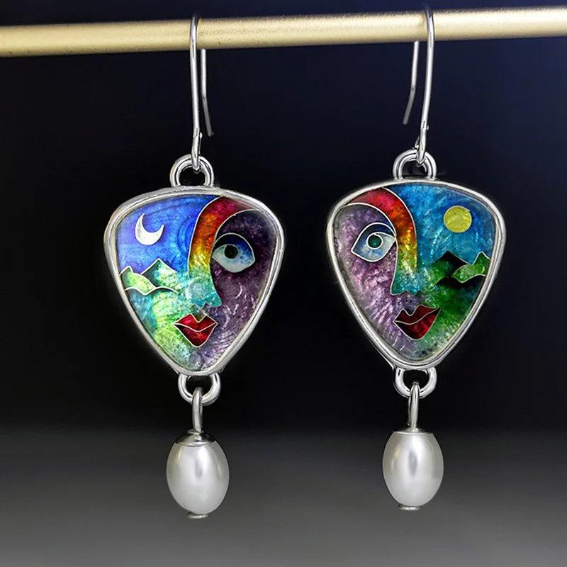 Ethnic Pearl Earrings Carved Female Statue Moon Asymmetry Enamel Dangle Jewelry