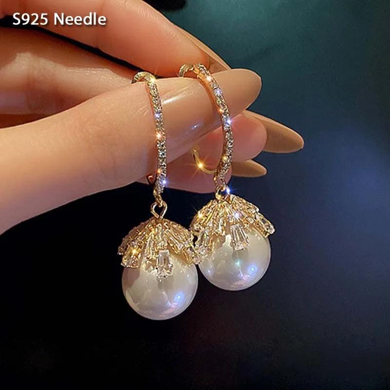 925 Silver Dangle Drop Earrings Cubic Zircon 18K Pearls