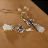 Natural Hetian Jade Magnolia Flower Earrings Chinese Retro Charm Women's Silver