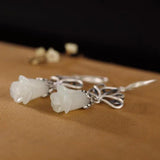 Natural Hetian Jade Magnolia Flower Earrings Chinese Retro Charm Women's Silver
