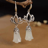Natural Hetian Jade Magnolia Flower Earrings Chinese Retro Charm Women's Silver