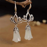 Natural Hetian Jade Magnolia Flower Earrings Chinese Retro Charm Women's Silver