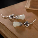 Natural Hetian Jade Magnolia Flower Earrings Chinese Retro Charm Women's Silver