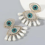 Metal Rhinestone Pearl Evil Eye Earrings