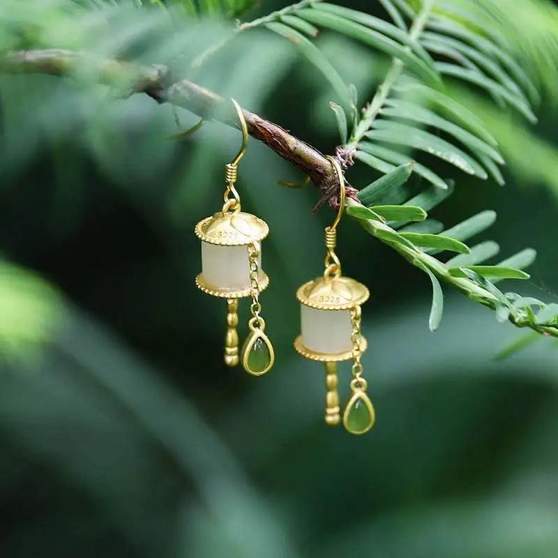 Silver Inlaid Chalcedony Gilt Earrings Chinese Palace Charm Women's Jewelry