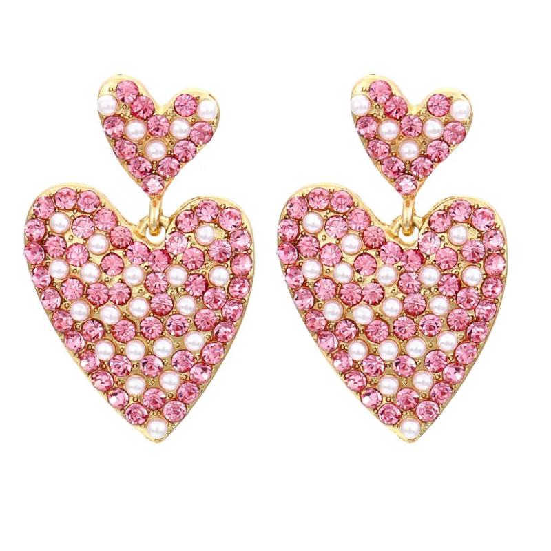 Romantic Pink Rhinestone Heart-shaped Earrings for Woman