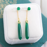 Silver Inlaid Green Chalcedony Geometric Earrings Retro Charm Jewelry