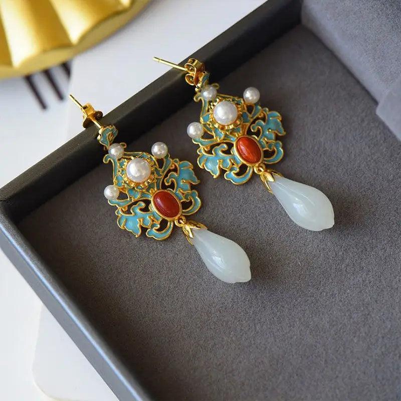 Chinese Hetian Magnolia Porcelain Earrings Retro Silver Jewelry