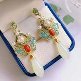 Chinese Hetian Magnolia Porcelain Earrings Retro Silver Jewelry