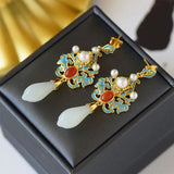 Chinese Hetian Magnolia Porcelain Earrings Retro Silver Jewelry