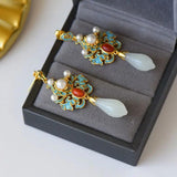 Chinese Hetian Magnolia Porcelain Earrings Retro Silver Jewelry