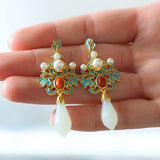 Chinese Hetian Magnolia Porcelain Earrings Retro Silver Jewelry
