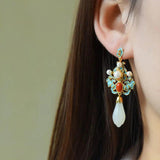Chinese Hetian Magnolia Porcelain Earrings Retro Silver Jewelry