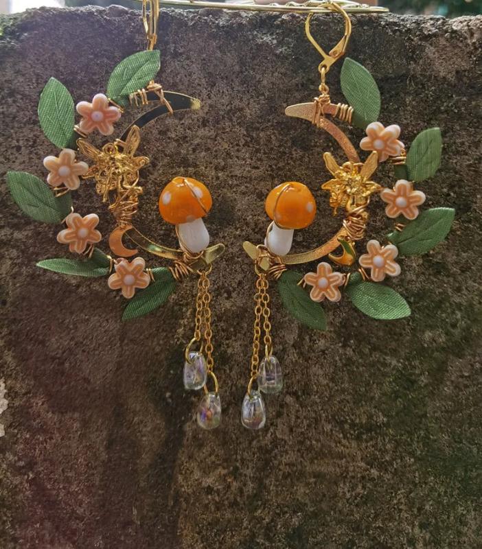 Mushroom Golf Moon Fairy Earrings Dangle Drop