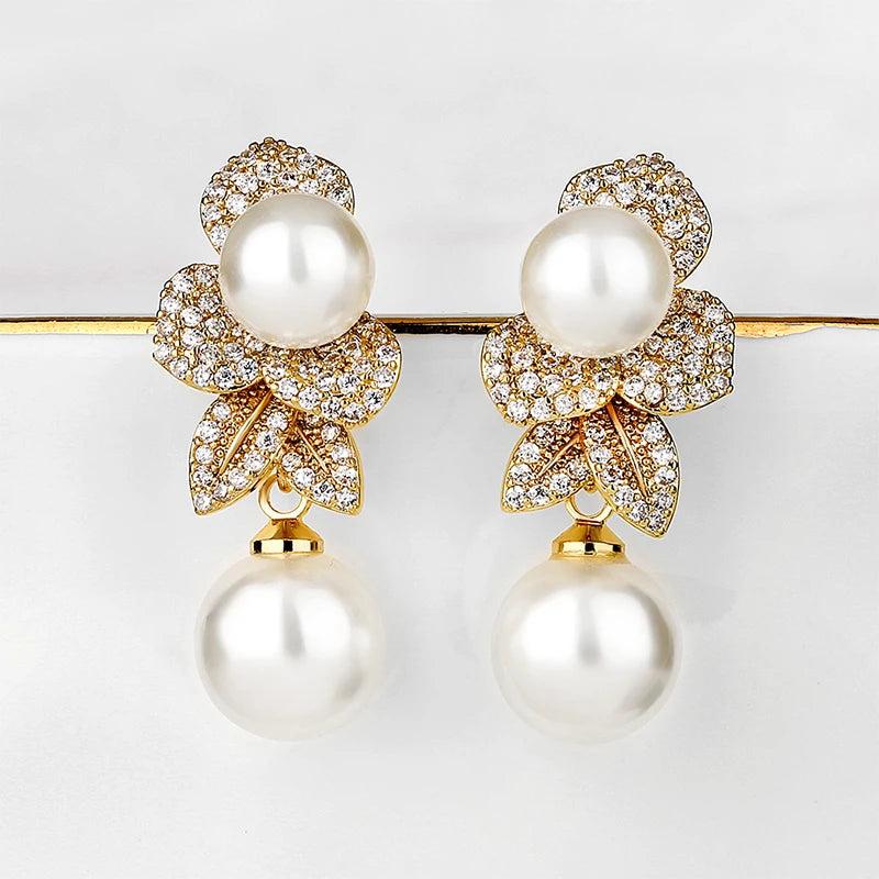 CZ Pearl Drop Earrings Leaf Engagement Party Jewelry