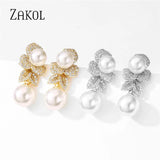 CZ Pearl Drop Earrings Leaf Engagement Party Jewelry