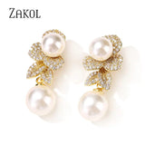 CZ Pearl Drop Earrings Leaf Engagement Party Jewelry