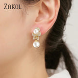 CZ Pearl Drop Earrings Leaf Engagement Party Jewelry
