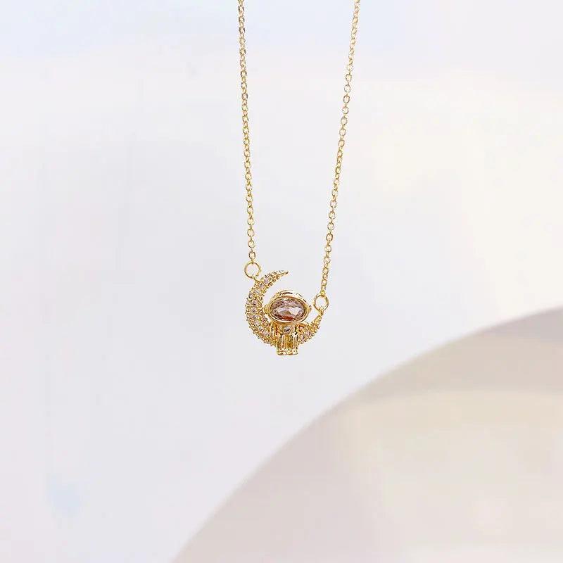 JUWANG Astronaut Moon Necklace 14K Plated Charm Lady Jewelry