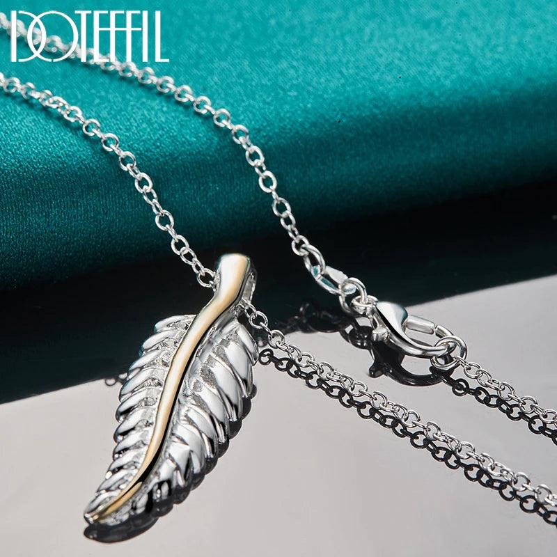 925 Silver Feather Pendant Necklace Snake Chain 18-30 Inch Women Wedding Jewelry