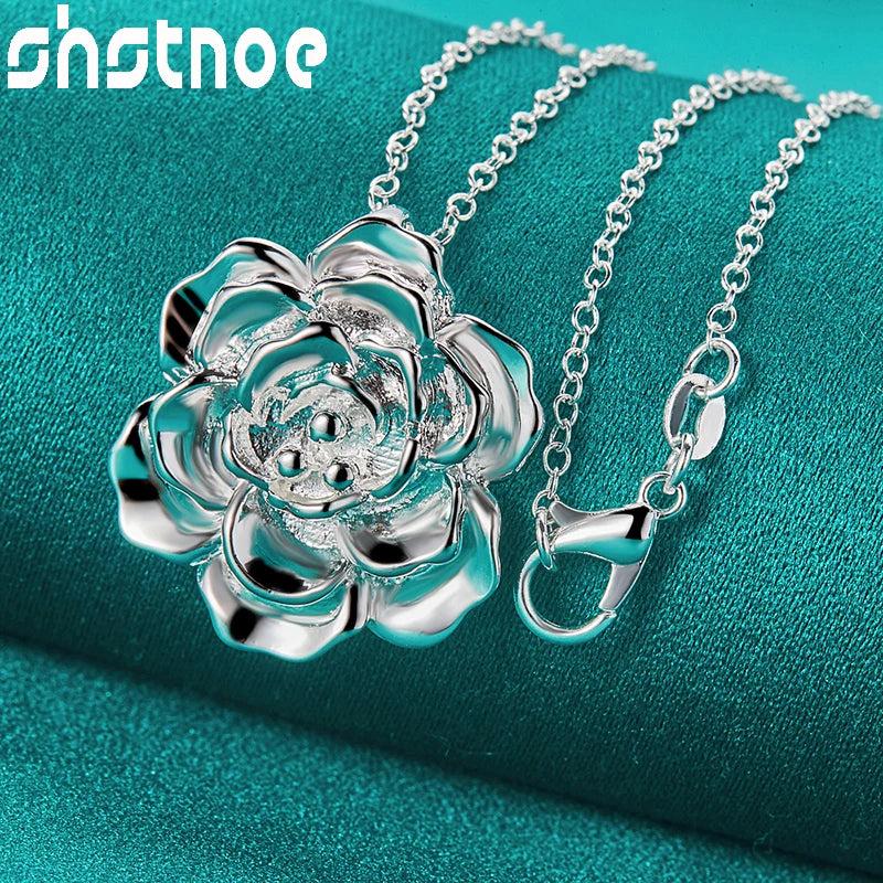 925 Silver Rose Flower Pendant Necklace Wedding Party Charm Jewelry
