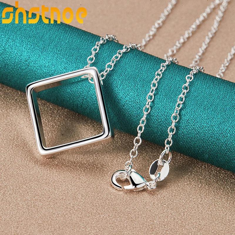 925 Silver Square Circle Pendant Necklace 16-30 Inch Chain Women Party Charm