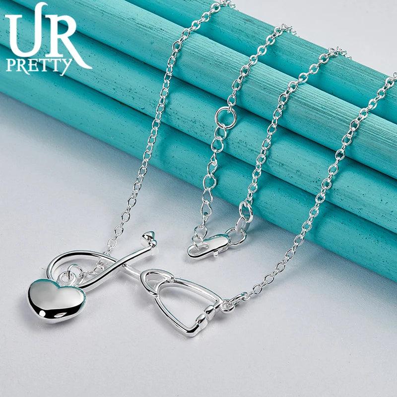925 Sterling Silver Heart Stethoscope Necklace 18 Inch Chain