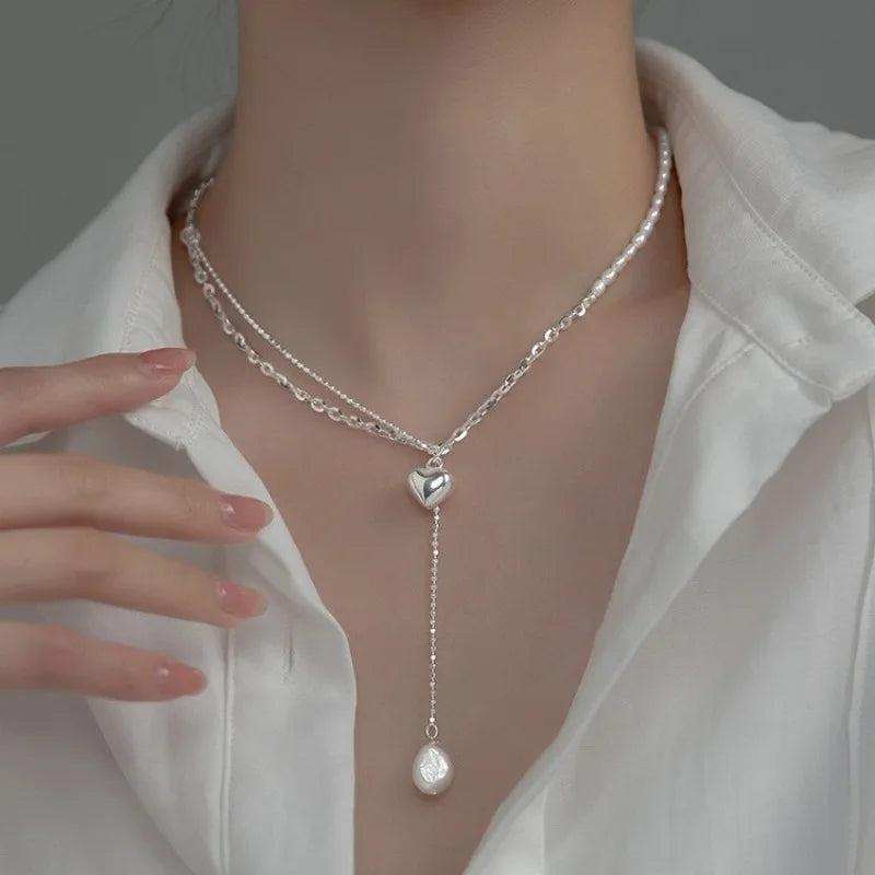 925 Silver Pearl Heart Tassel Choker Necklace for Women