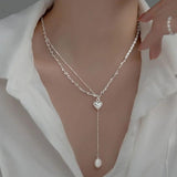 925 Silver Pearl Heart Tassel Choker Necklace for Women