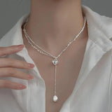 925 Silver Pearl Heart Tassel Choker Necklace for Women