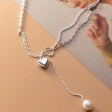 925 Silver Pearl Heart Tassel Choker Necklace for Women
