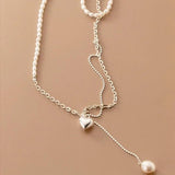 925 Silver Pearl Heart Tassel Choker Necklace for Women