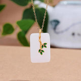 Natural Hotan Jade Square Necklace Pendant Enamel Bamboo Leaf Pendant