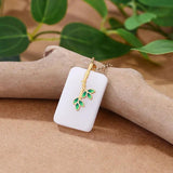 Natural Hotan Jade Square Necklace Pendant Enamel Bamboo Leaf Pendant