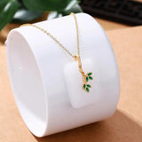 Natural Hotan Jade Square Necklace Pendant Enamel Bamboo Leaf Pendant