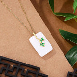 Natural Hotan Jade Square Necklace Pendant Enamel Bamboo Leaf Pendant