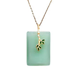 Natural Hotan Jade Square Necklace Pendant Enamel Bamboo Leaf Pendant