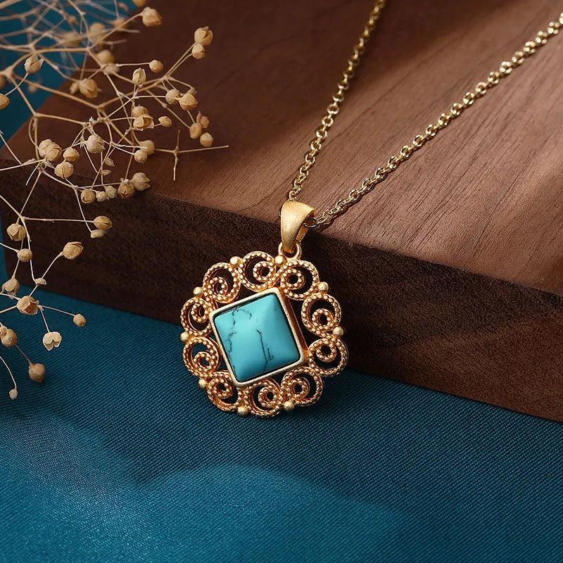 Chinese-style Turquoise Pendant Necklace for Women