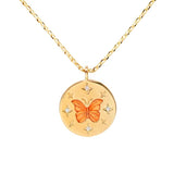 925 Silver Orange Butterfly Disc Pendant Necklace 18K Plated Zircon Star
