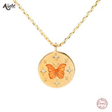925 Silver Orange Butterfly Disc Pendant Necklace 18K Plated Zircon Star