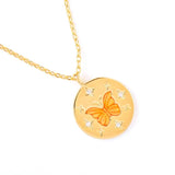 925 Silver Orange Butterfly Disc Pendant Necklace 18K Plated Zircon Star