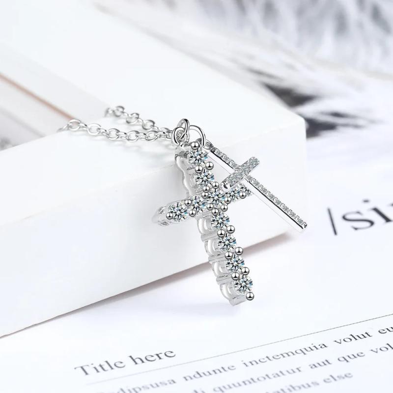 925 Silver Zircon Cross Necklace Women Wedding Jewelry