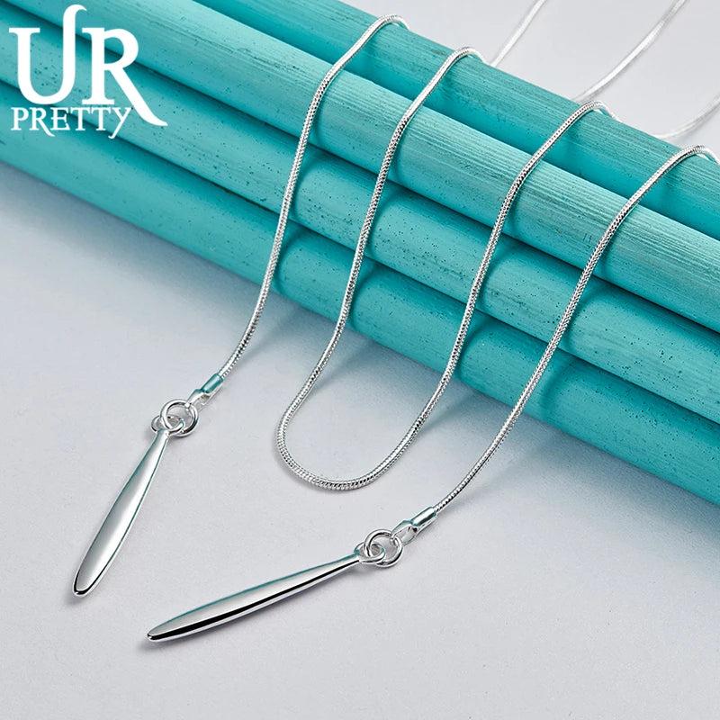 925 Silver Double Strip Long Water Drop Necklace 18 Inch Chain