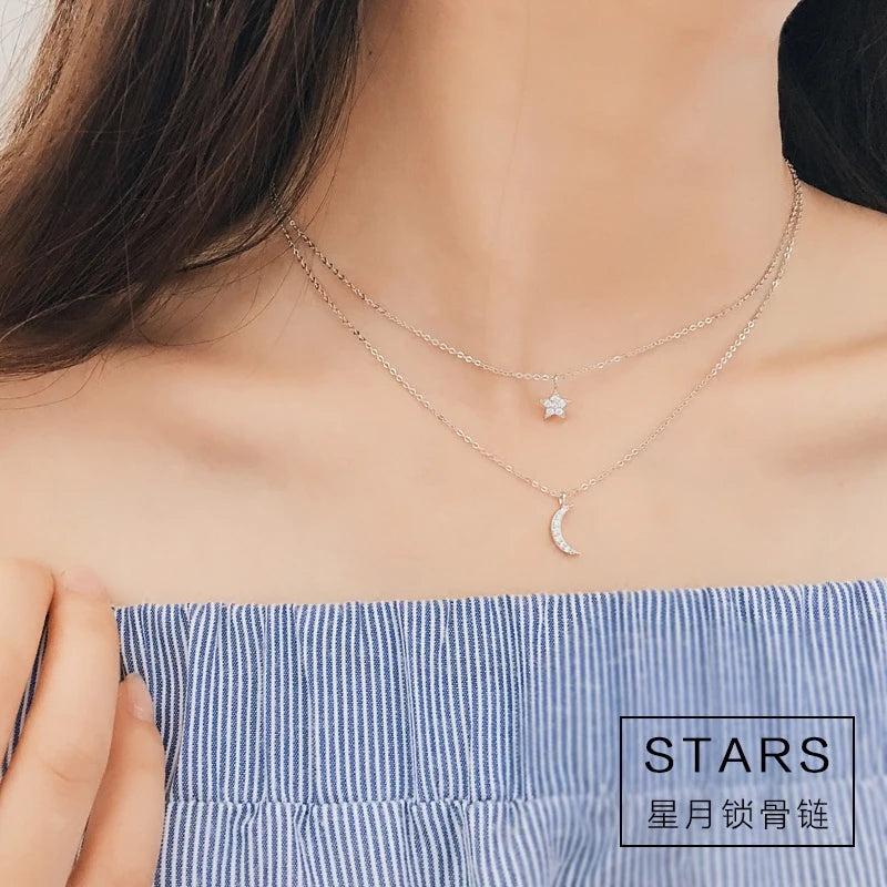925 Silver Stars Moon Necklace Pendant Jewelry Statement for Women